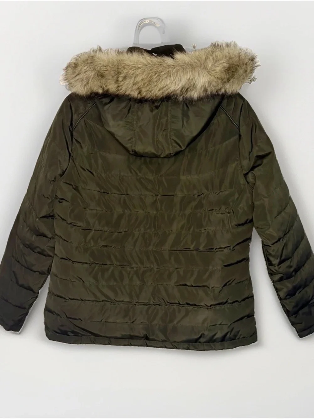 Michael Kors Olive Green Puffer Jacket with Faux Fur Trim